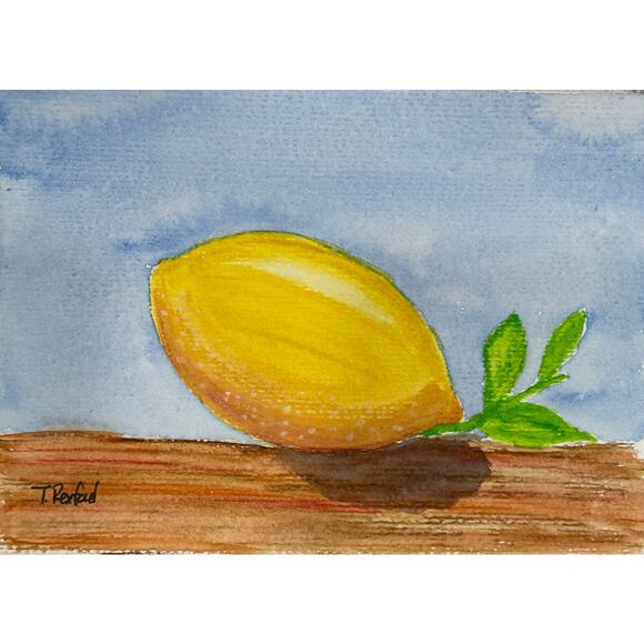 Hand painted watercolor original painting yellow lemon brown table - Picture 1 of 1